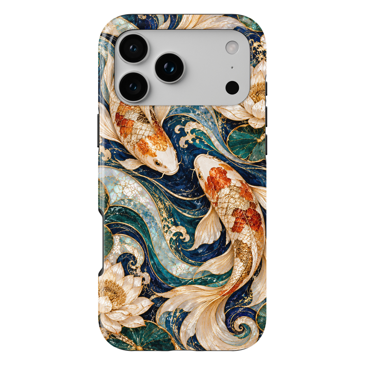 CASELIX Golden Koi Lagoon iPhone Tough MagSafe protective phone case featuring a luxurious Japanese-inspired koi fish and lotus flower design with flowing stained-glass mosaic waves in deep sapphire blue, emerald teal, turquoise, champagne gold, and iridescent pearl white. The elegant artwork showcases two graceful koi fish swimming toward one another, adorned with intricate orange-gold and pearlescent ivory scales, delicate golden outlines, and beautifully flowing white fins. Rich midnight-blue and turquoi