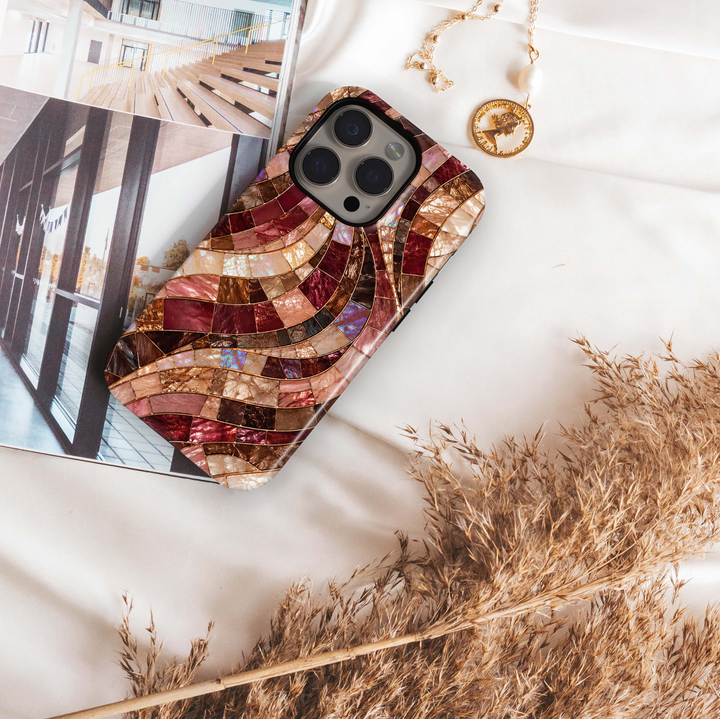 Autumn Mosaic iPhone 18 Pro Max MagSafe case featuring flowing stained-glass mosaic tiles in burgundy, wine, espresso brown, bronze, champagne, blush and pearlescent ivory, a luxurious fall-inspired tough iPhone 18 Pro phone case with MagSafe compatibility.