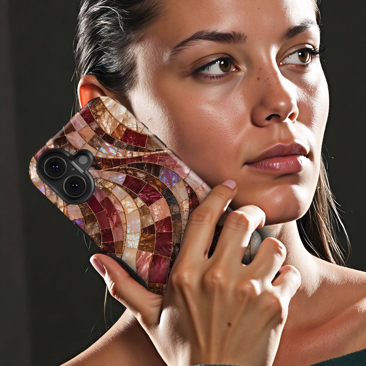 Autumn Mosaic iPhone 18 Pro Max MagSafe case featuring flowing stained-glass mosaic tiles in burgundy, wine, espresso brown, bronze, champagne, blush and pearlescent ivory, a luxurious fall-inspired tough iPhone 18 Pro phone case with MagSafe compatibility.
