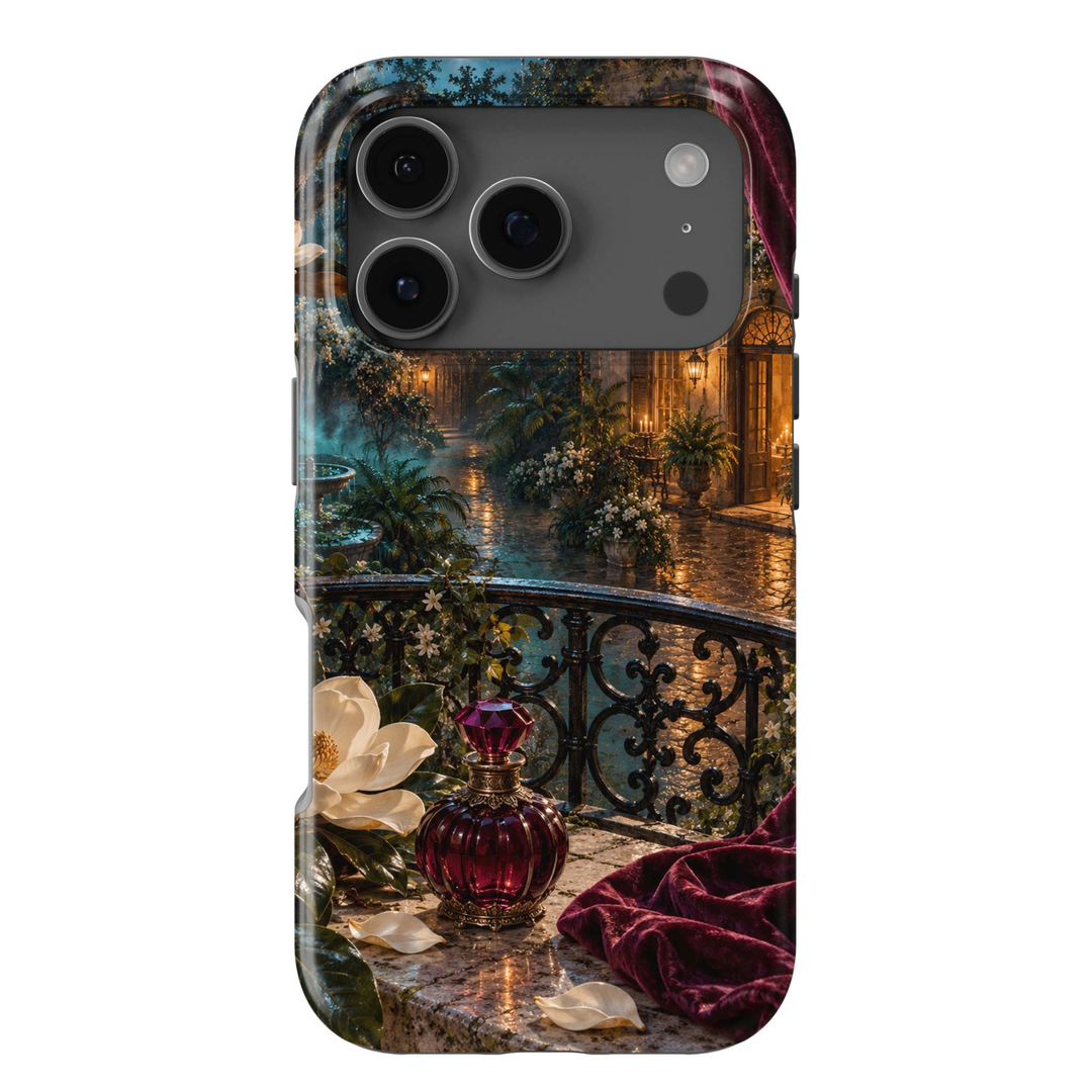 Velvet Courtyard Tough iPhone Case featuring a burgundy perfume bottle, rich velvet fabric, ivory magnolia flowers and a glowing romantic courtyard at night.
