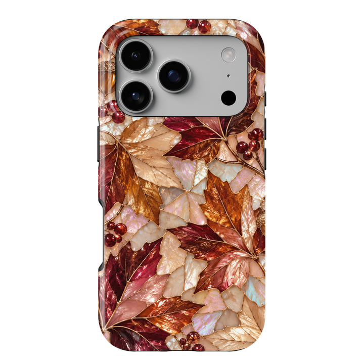 Autumn Opal iPhone 18 Pro Max MagSafe case featuring pearlescent autumn maple leaves in burgundy, copper, bronze, champagne and ivory with red berries and gold detailing, a luxurious stained-glass-inspired tough iPhone 18 Pro fall phone case with MagSafe compatibility.