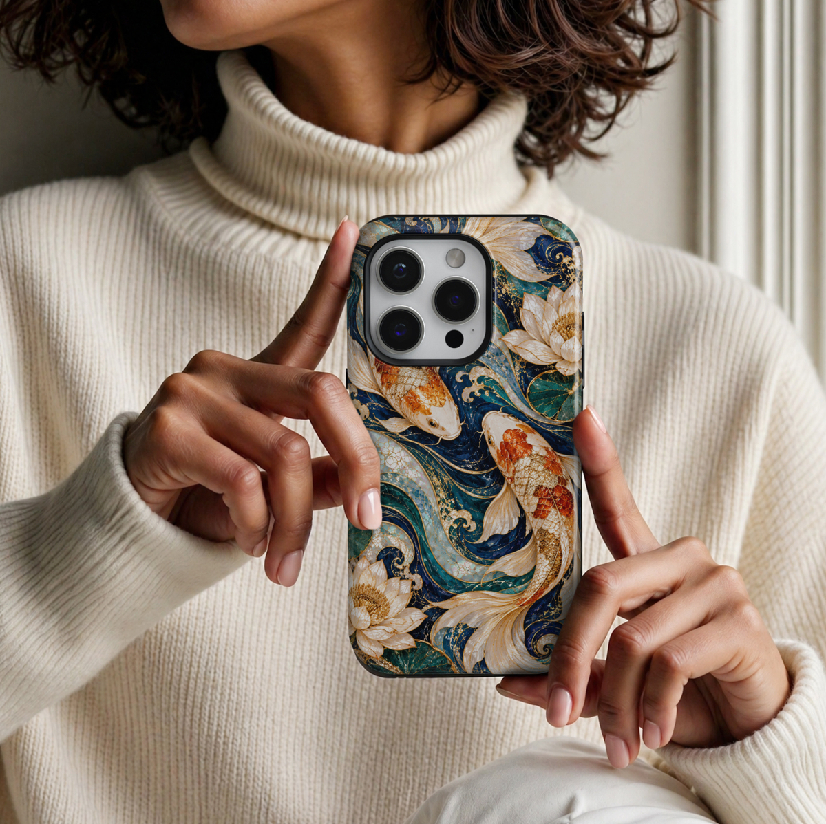 CASELIX Golden Koi Lagoon iPhone Tough MagSafe protective phone case featuring a luxurious Japanese-inspired koi fish and lotus flower design with flowing stained-glass mosaic waves in deep sapphire blue, emerald teal, turquoise, champagne gold, and iridescent pearl white. The elegant artwork showcases two graceful koi fish swimming toward one another, adorned with intricate orange-gold and pearlescent ivory scales, delicate golden outlines, and beautifully flowing white fins. Rich midnight-blue and turquoi
