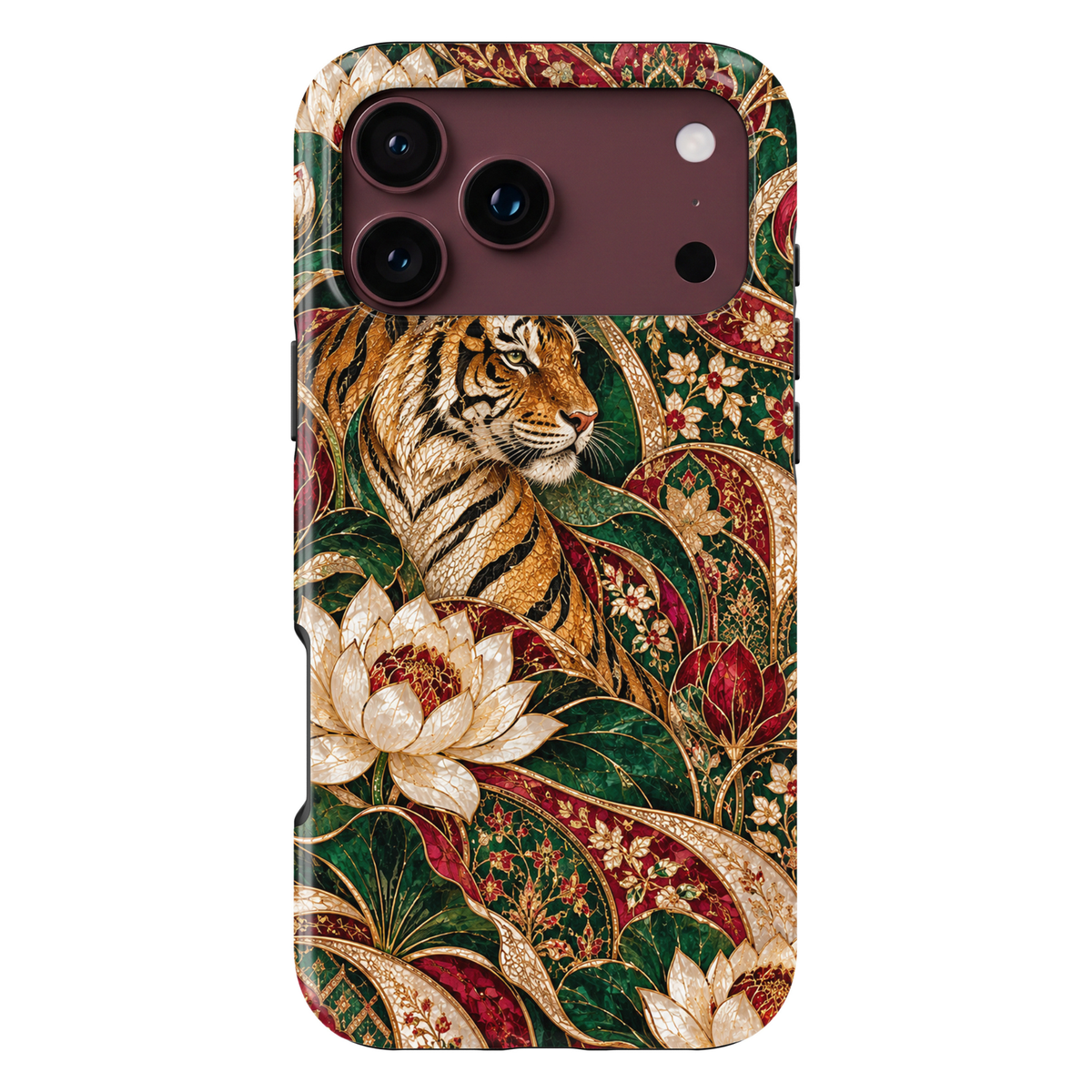 CASELIX Royal Bengal Garden iPhone Tough MagSafe protective phone case featuring a majestic Bengal tiger surrounded by luxurious emerald-green, ruby-red, champagne-gold, and iridescent ivory stained-glass botanical artwork. The captivating design showcases an elegantly illustrated golden tiger with intricate black stripes, realistic facial details, and luminous amber tones, emerging from a richly decorated tropical garden. Oversized pearlescent white lotus flowers with ruby-red centers bloom among sweeping 