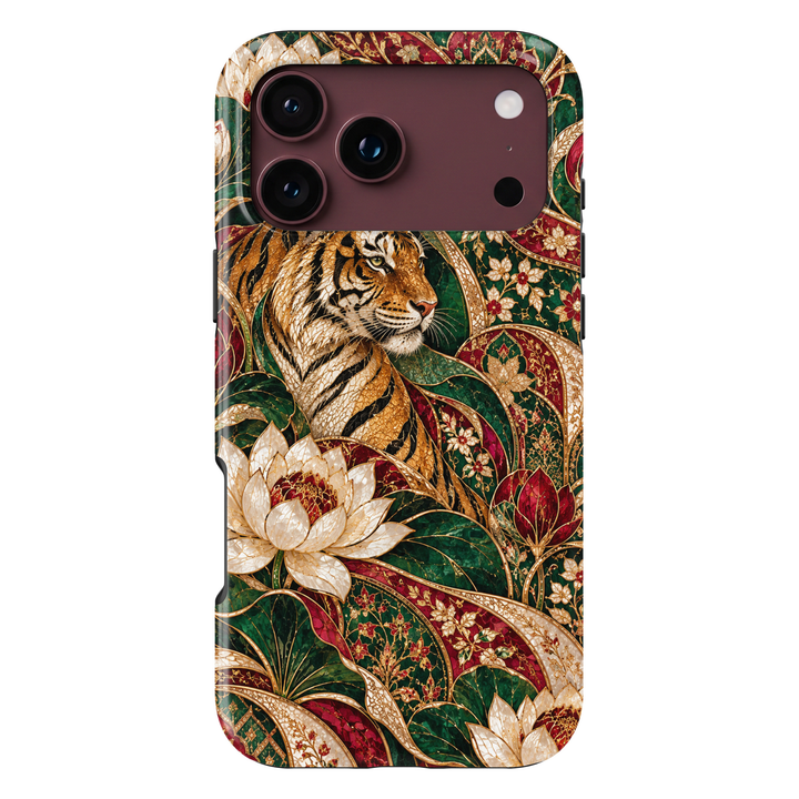 CASELIX Royal Bengal Garden iPhone Tough MagSafe protective phone case featuring a majestic Bengal tiger surrounded by luxurious emerald-green, ruby-red, champagne-gold, and iridescent ivory stained-glass botanical artwork. The captivating design showcases an elegantly illustrated golden tiger with intricate black stripes, realistic facial details, and luminous amber tones, emerging from a richly decorated tropical garden. Oversized pearlescent white lotus flowers with ruby-red centers bloom among sweeping 