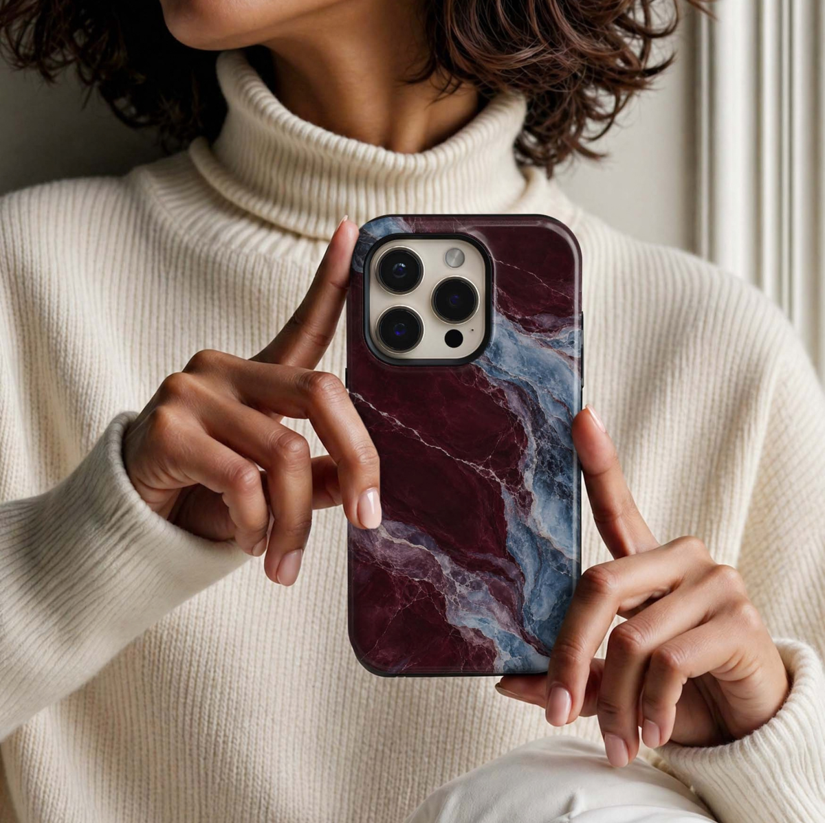 Cabernet Glacier Tough iPhone Case featuring deep cabernet burgundy marble blended with icy blue, slate and lavender crystalline stone veining.