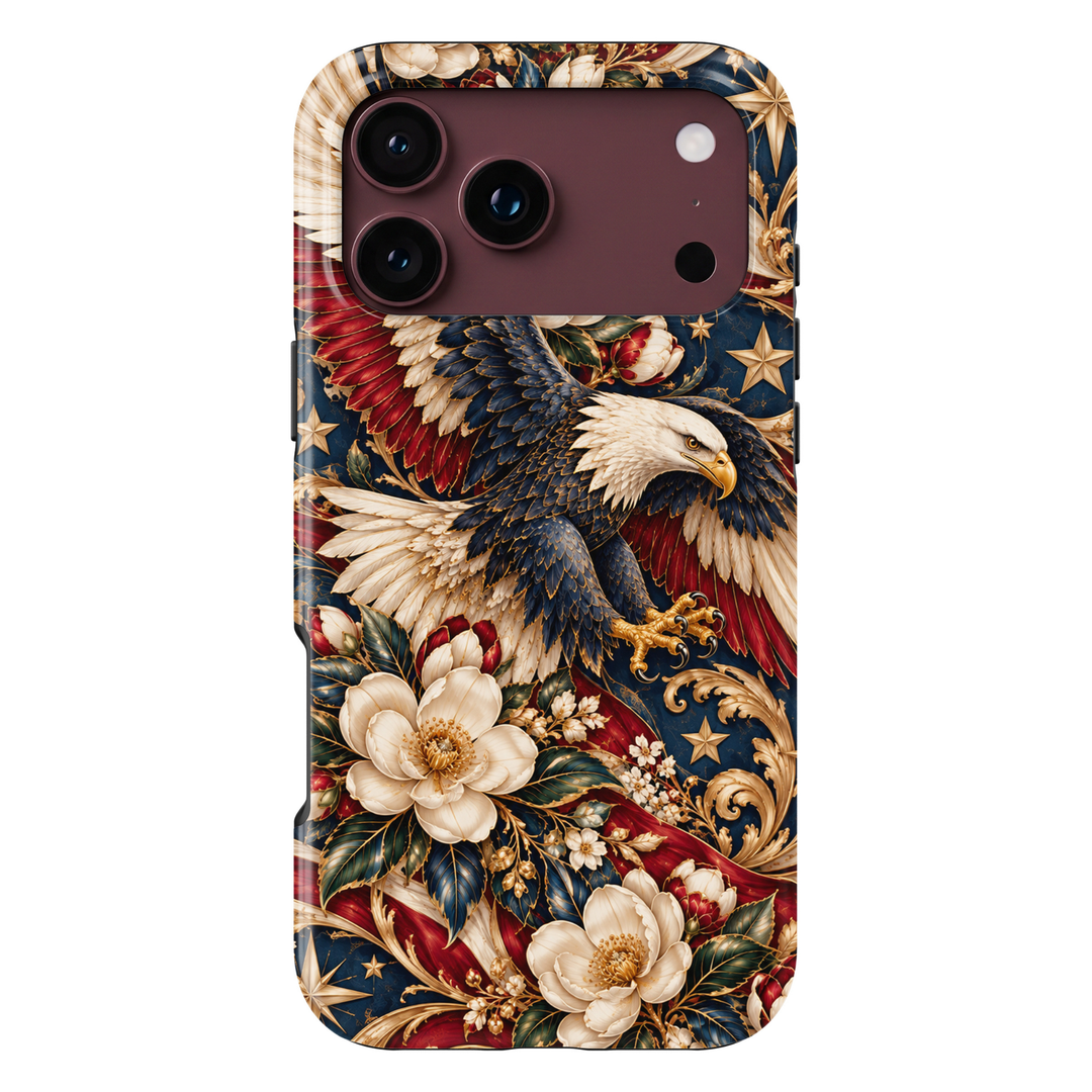 CASELIX American Eagle Majesty iPhone Tough MagSafe protective phone case featuring a magnificent bald eagle soaring through an elaborate patriotic-inspired floral composition in rich midnight navy, deep crimson red, ivory white, and antique gold. The luxurious artwork showcases a majestic American bald eagle with powerful outstretched wings, intricately layered navy-blue and ivory feathers, a brilliant white head, piercing golden eyes, and a striking golden beak. 