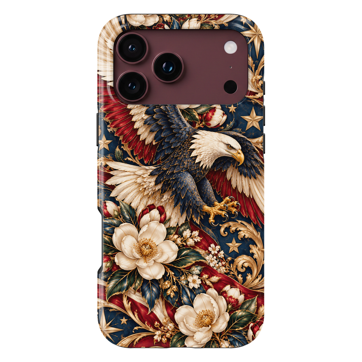 CASELIX American Eagle Majesty iPhone Tough MagSafe protective phone case featuring a magnificent bald eagle soaring through an elaborate patriotic-inspired floral composition in rich midnight navy, deep crimson red, ivory white, and antique gold. The luxurious artwork showcases a majestic American bald eagle with powerful outstretched wings, intricately layered navy-blue and ivory feathers, a brilliant white head, piercing golden eyes, and a striking golden beak. 
