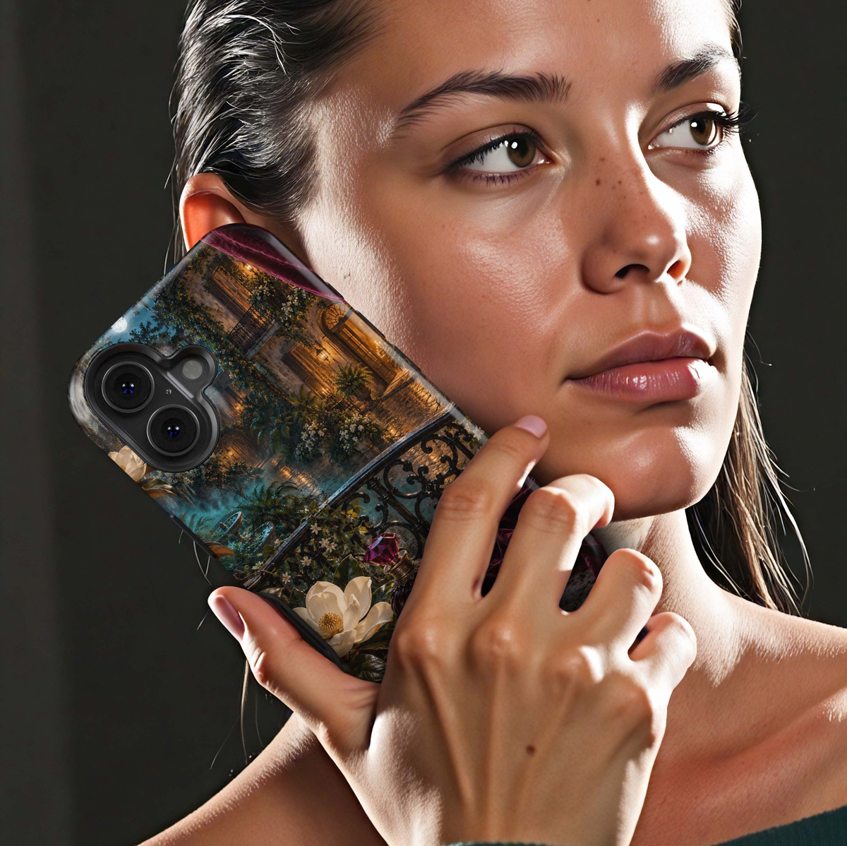 Velvet Courtyard Tough iPhone Case featuring a burgundy perfume bottle, rich velvet fabric, ivory magnolia flowers and a glowing romantic courtyard at night.