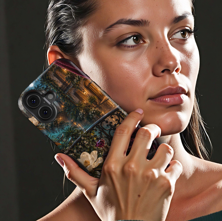 Velvet Courtyard Tough iPhone Case featuring a burgundy perfume bottle, rich velvet fabric, ivory magnolia flowers and a glowing romantic courtyard at night.