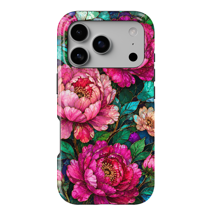 Jewel Peony iPhone 18 Pro Max MagSafe case featuring oversized fuchsia, hot pink and magenta peony flowers with emerald and teal foliage, a luxurious jewel-toned stained-glass-inspired tough iPhone 18 Pro floral phone case with MagSafe compatibility.