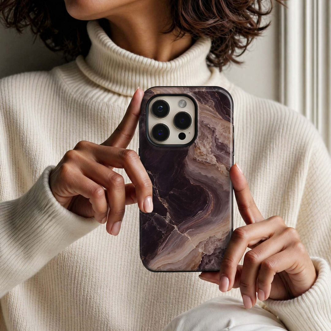 Espresso Veil Tough iPhone Case featuring layered espresso brown, smoky plum, mocha, taupe and cream agate marble with delicate natural stone veining.