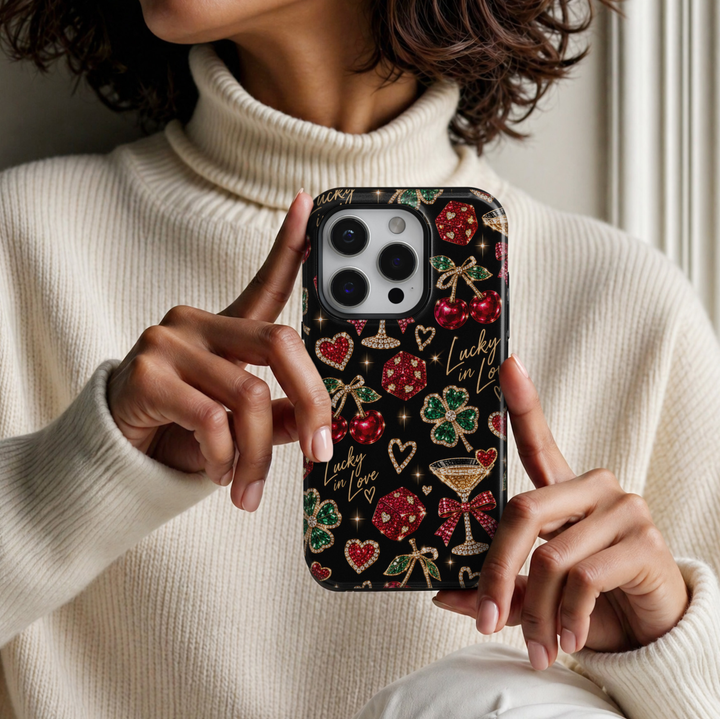 CASELIX Lucky in Love iPhone 18 Pro Max tough phone case featuring a glossy black background with ruby-red jeweled cherries, emerald-green four-leaf clovers, sparkling red dice, crystal hearts, gold cocktail glasses, and red satin bows. Chic printed phone case for women with gold Lucky in Love lettering, a playful romantic aesthetic, and glamorous girls&