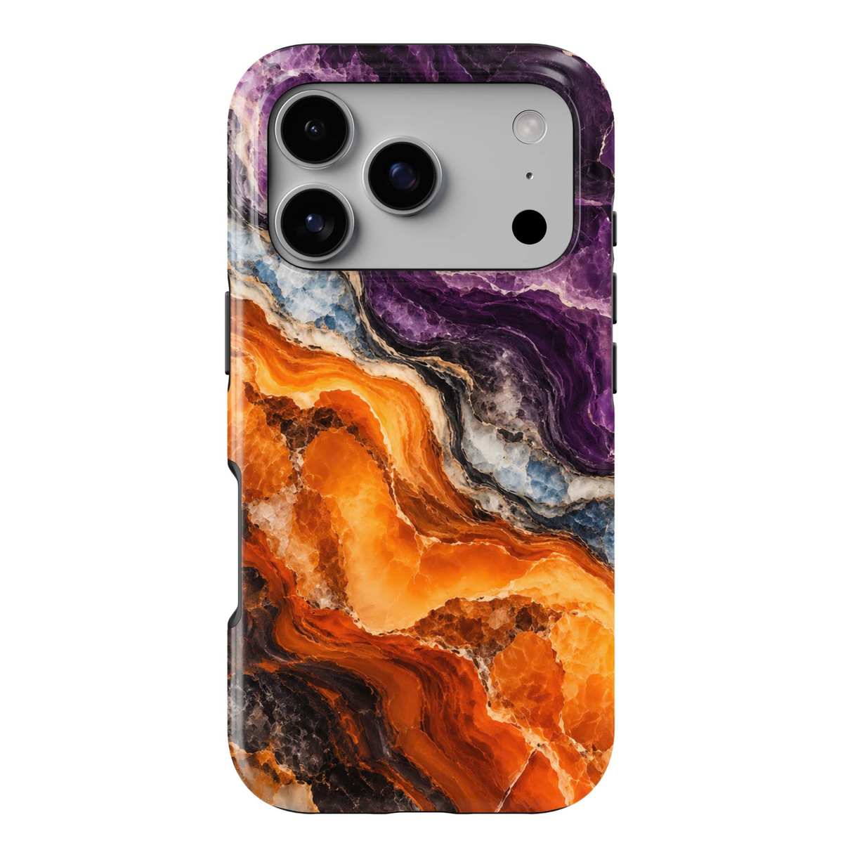 Amethyst Ember Tough iPhone Case featuring vivid amethyst purple, glowing amber orange, icy blue, ivory and smoky black agate-inspired crystal layers.