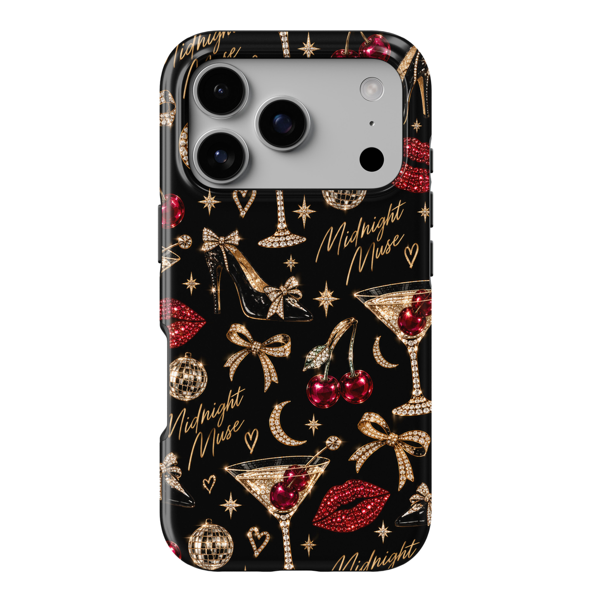 CASELIX Midnight Muse iPhone 18 Pro Max tough phone case featuring a glamorous black background with sparkling black high heels, ruby-red cherries, jeweled red lips, crystal martini glasses, gold disco balls, diamond bows, crescent moons, and gold Midnight Muse lettering. Trendy luxury printed phone case for women with a glossy finish, perfect for girls' nights out, cocktail parties, and chic evening fashion.