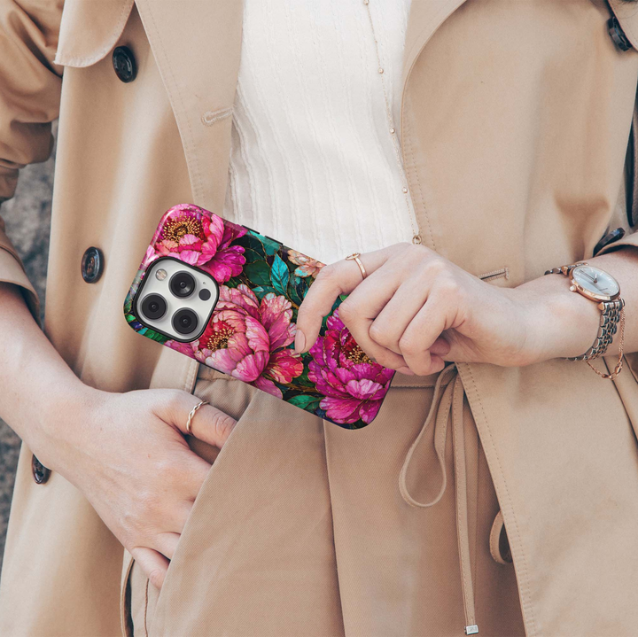 Jewel Peony iPhone 18 Pro Max MagSafe case featuring oversized fuchsia, hot pink and magenta peony flowers with emerald and teal foliage, a luxurious jewel-toned stained-glass-inspired tough iPhone 18 Pro floral phone case with MagSafe compatibility.