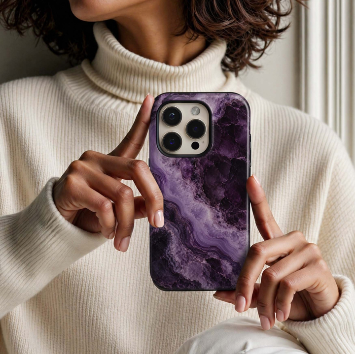 Amethyst Noir Tough iPhone Case featuring deep amethyst, blackberry purple, lavender and smoky violet crystalline agate marble with flowing natural mineral layers.