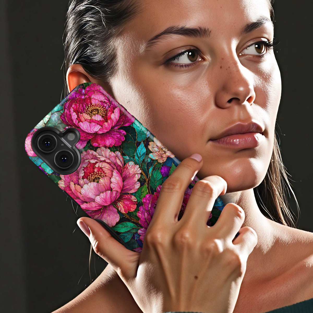 Jewel Peony iPhone 18 Pro Max MagSafe case featuring oversized fuchsia, hot pink and magenta peony flowers with emerald and teal foliage, a luxurious jewel-toned stained-glass-inspired tough iPhone 18 Pro floral phone case with MagSafe compatibility.
