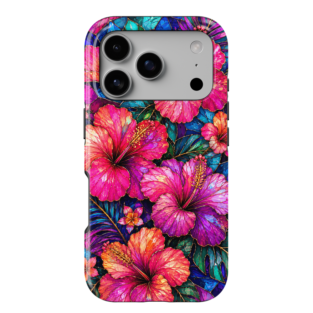 Tropical Radiance iPhone 18 Pro Max MagSafe case featuring vibrant pink, fuchsia, coral and purple hibiscus flowers with rich teal tropical leaves, a jewel-toned stained-glass-inspired tough iPhone 18 Pro floral phone case with MagSafe compatibility.