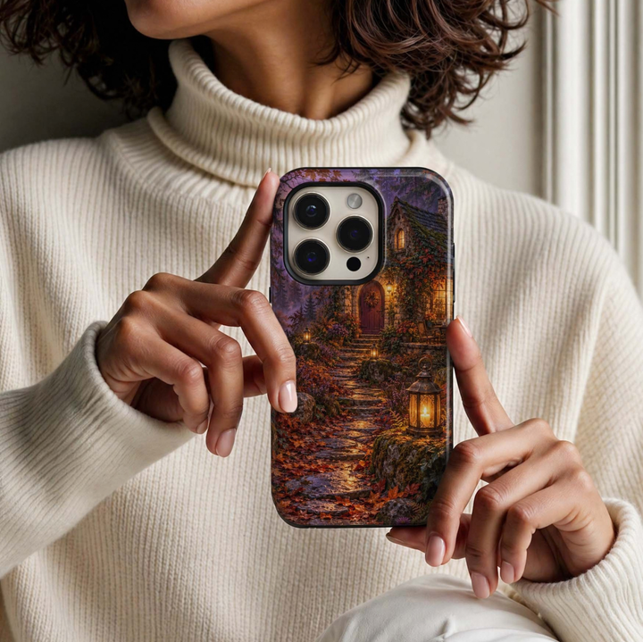 Lantern Cottage Tough iPhone Case featuring a cozy stone cottage, glowing lanterns, autumn leaves, woodland flowers and a winding stone pathway at dusk.