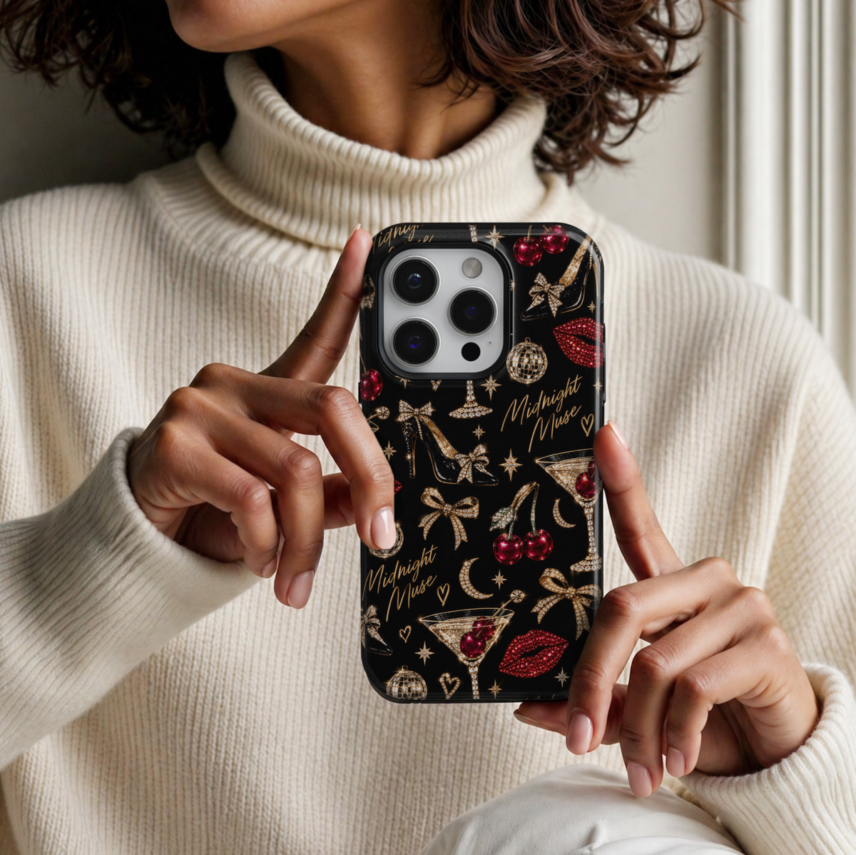 CASELIX Midnight Muse iPhone 18 Pro Max tough phone case featuring a glamorous black background with sparkling black high heels, ruby-red cherries, jeweled red lips, crystal martini glasses, gold disco balls, diamond bows, crescent moons, and gold Midnight Muse lettering. Trendy luxury printed phone case for women with a glossy finish, perfect for girls' nights out, cocktail parties, and chic evening fashion.