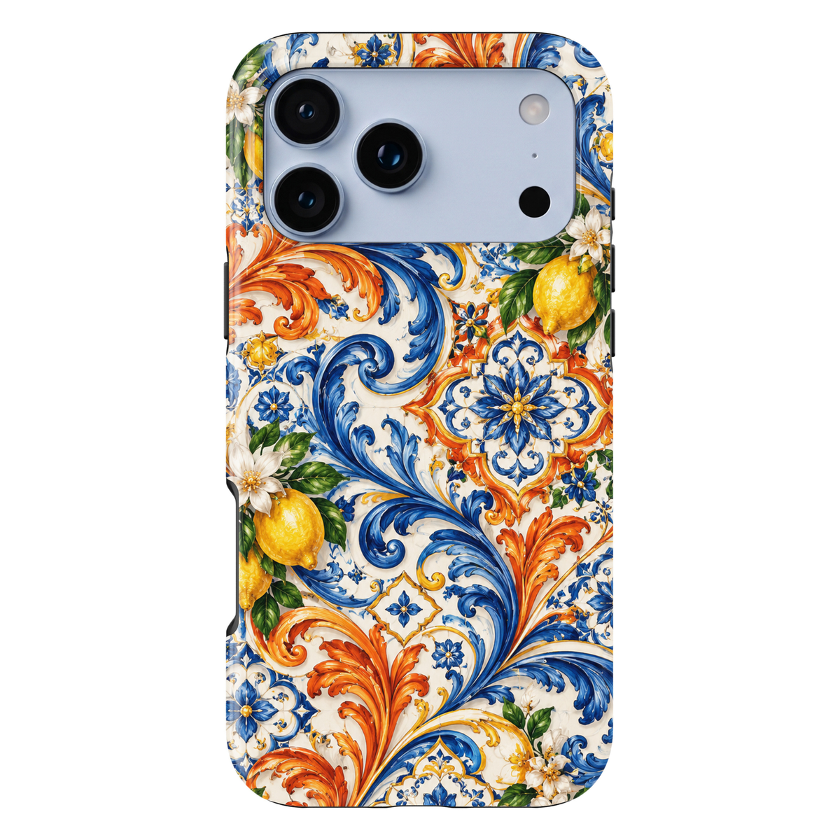 CASELIX Amalfi Citrus Tiles iPhone Tough MagSafe protective phone case featuring a vibrant Italian Mediterranean-inspired ceramic tile pattern adorned with golden-yellow lemons, intricate cobalt-blue scrollwork, and elegant orange botanical flourishes against a creamy ivory background. The captivating design showcases beautifully illustrated ripe lemons surrounded by lush emerald-green leaves and delicate white citrus blossoms with golden centers. Ornate sapphire-blue acanthus leaves, sweeping baroque-inspi