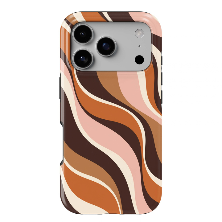 Caramel Swirl Tough iPhone Case featuring flowing retro waves in chocolate brown, caramel, burnt orange, blush pink and creamy ivory.