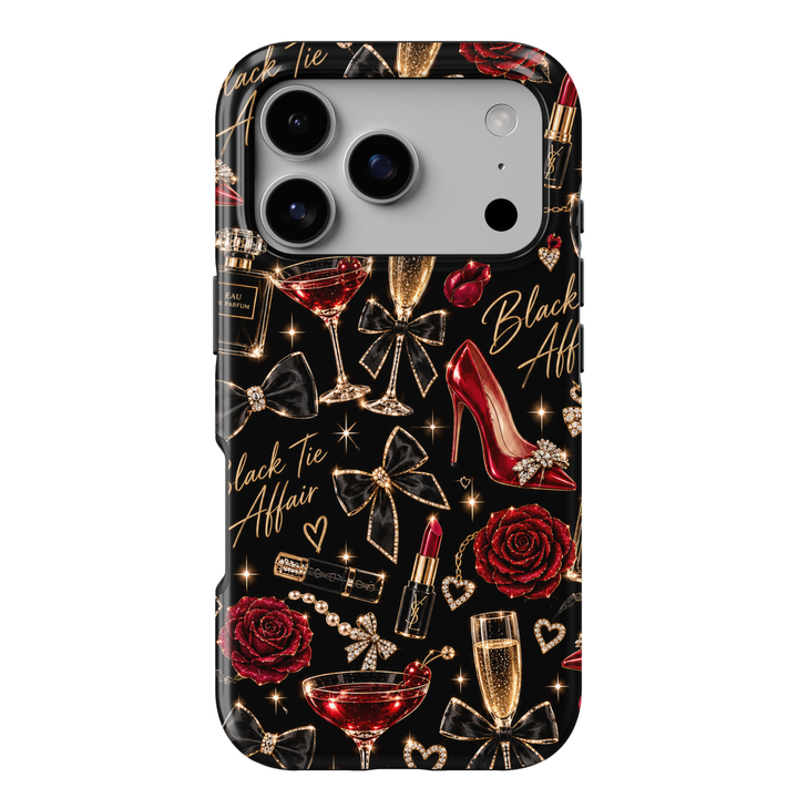 CASELIX Black Tie Affair iPhone 18 Pro Max tough phone case featuring a glamorous black background with red high heels, ruby roses, champagne glasses, cherry martinis, black satin bows, red lipstick, perfume bottles, and gold accents. Chic luxury printed phone case for women with a glossy finish and elegant girls&