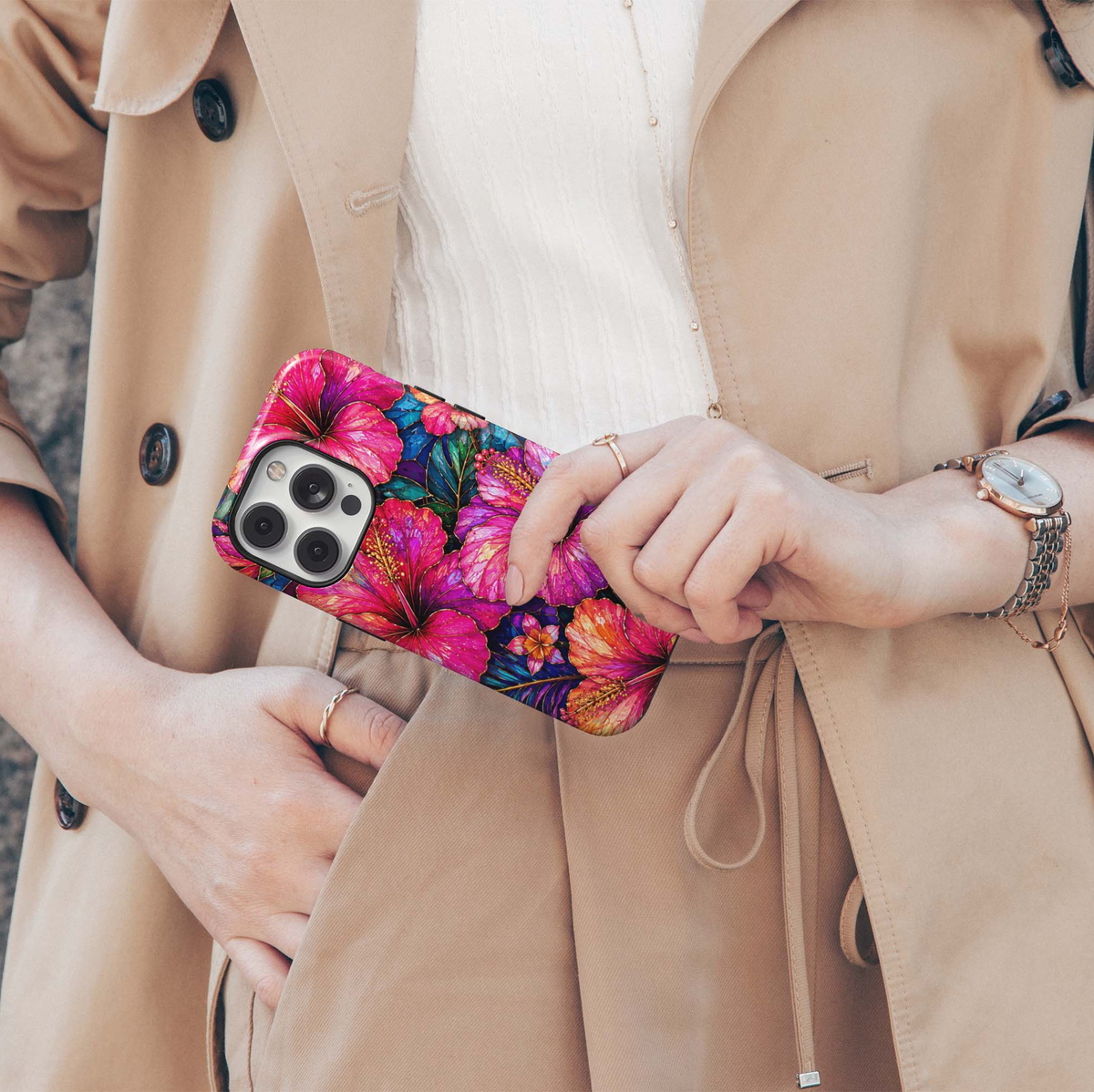 Tropical Radiance iPhone 18 Pro Max MagSafe case featuring vibrant pink, fuchsia, coral and purple hibiscus flowers with rich teal tropical leaves, a jewel-toned stained-glass-inspired tough iPhone 18 Pro floral phone case with MagSafe compatibility.