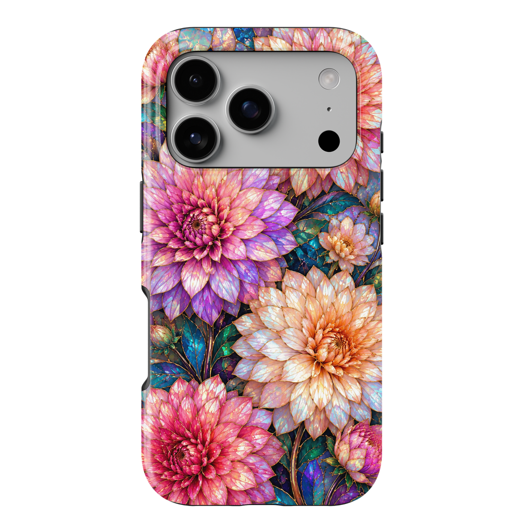 Opal Dahlia iPhone 18 Pro Max MagSafe case featuring oversized iridescent pink, lavender, peach and pearlescent dahlia flowers with rich teal and emerald foliage, a luxurious stained-glass-inspired tough iPhone 18 Pro floral phone case with MagSafe compatibility.
