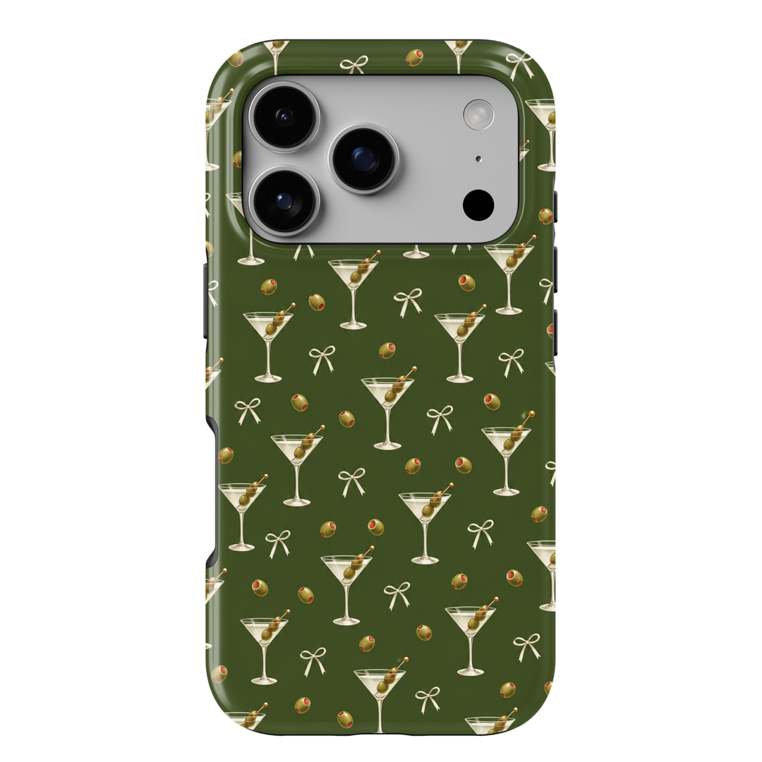 CASELIX Olive Hour iPhone 18 Pro Max tough phone case featuring a deep olive-green background with repeating dirty martini cocktail glasses, green olives with red pimentos, delicate ivory ribbon bows, and miniature olive illustrations. Chic glossy printed phone case for women with a minimalist cocktail-inspired aesthetic and trendy olive-green design.