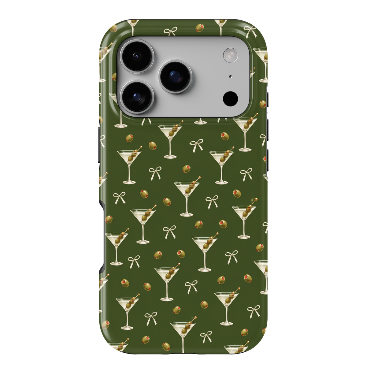 CASELIX Olive Hour iPhone 18 Pro Max tough phone case featuring a deep olive-green background with repeating dirty martini cocktail glasses, green olives with red pimentos, delicate ivory ribbon bows, and miniature olive illustrations. Chic glossy printed phone case for women with a minimalist cocktail-inspired aesthetic and trendy olive-green design.