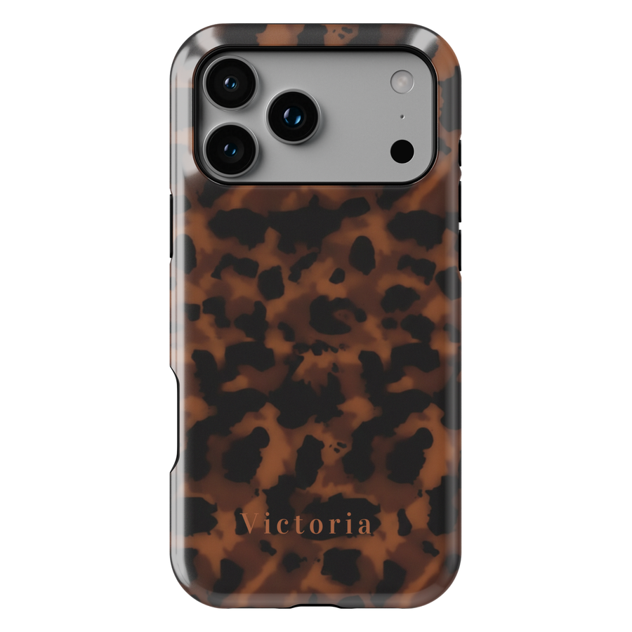 Personalized tortoiseshell iPhone case with custom name, glossy brown tortoise shell phone cover