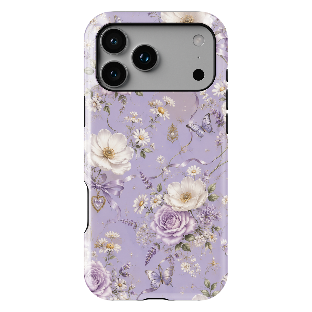 Lavender Reverie iPhone case with purple and ivory flowers, butterflies, lavender bows and vintage heart charms on a lilac background.
