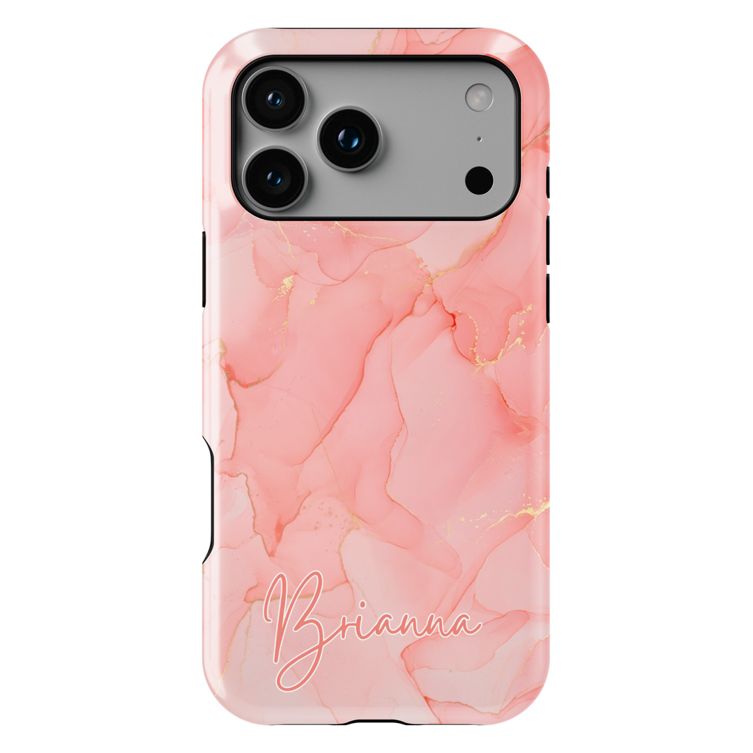 Personalized Pink marble phone case with gold accents and custom name design