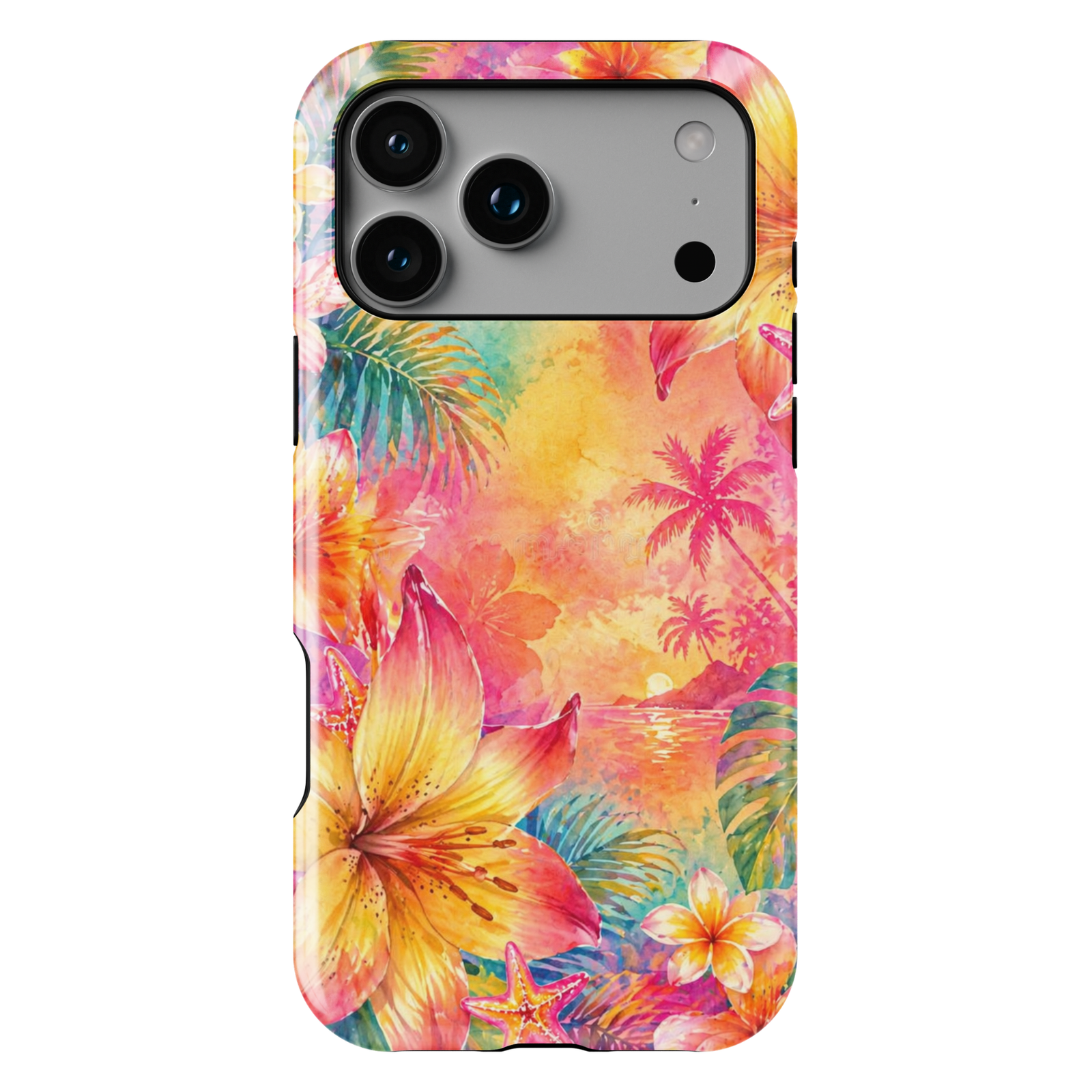 Tropical sunset iPhone 17 Pro Max case with palm trees, bright floral design and beach scenery in pink and orange tones, MagSafe tough case.
