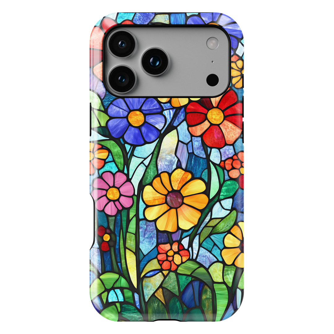 Colorful stained glass floral iPhone tough case with layered flowers and deep blue mosaic background