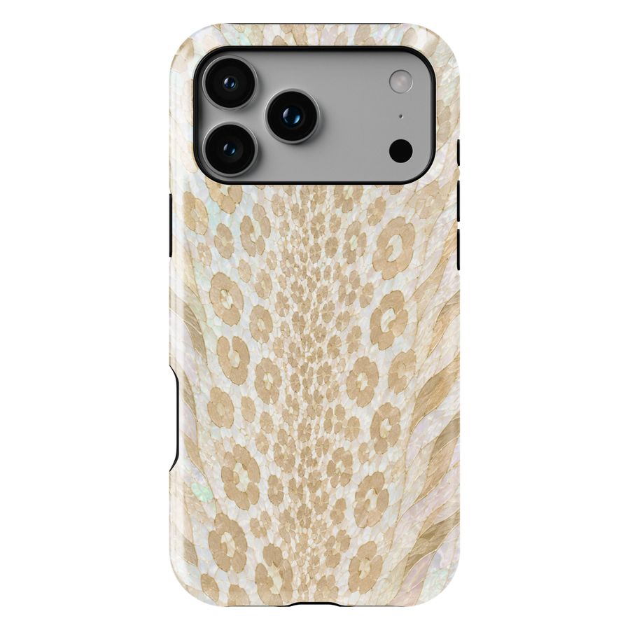 Pearl Snow Leopard iPhone case with ivory, cream and champagne beige leopard print in an opal pearl-inspired design.