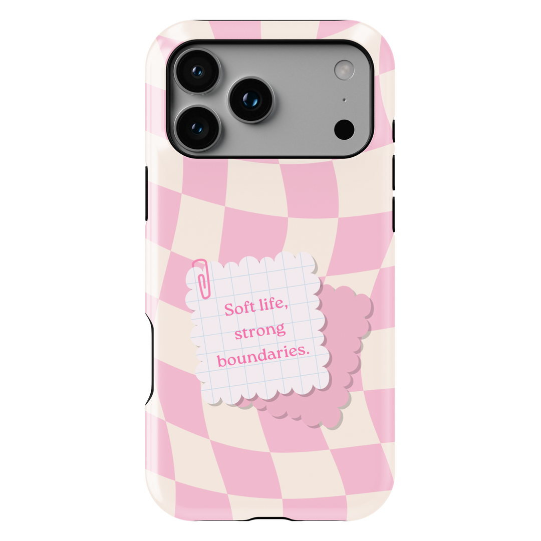 Pink checker phone case with soft life strong boundaries quote, aesthetic iPhone 17 case for women, pastel Galaxy S25 phone cover