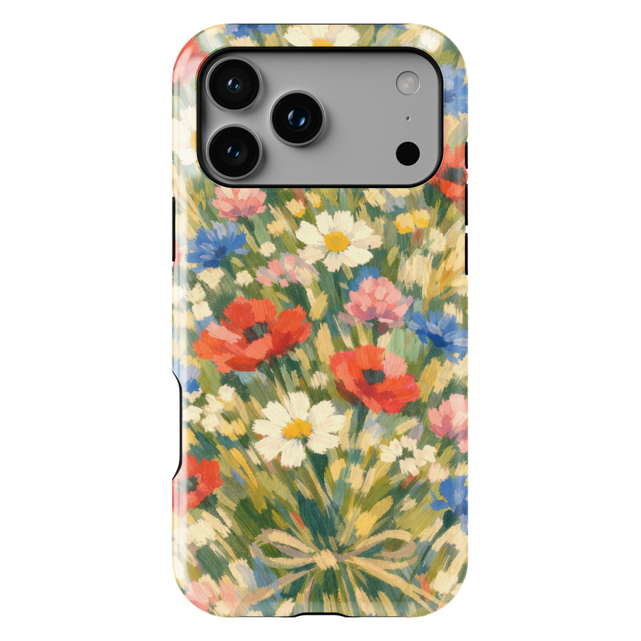 Impressionist wildflower iPhone case featuring colorful poppies, daisies, cornflowers, and meadow flowers in a painterly garden design.