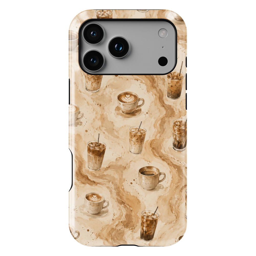 coffee iPhone 17 Pro Max case featuring custom iced coffee cup, coffee beans, marble swirls, and cozy cafe aesthetic artwork.