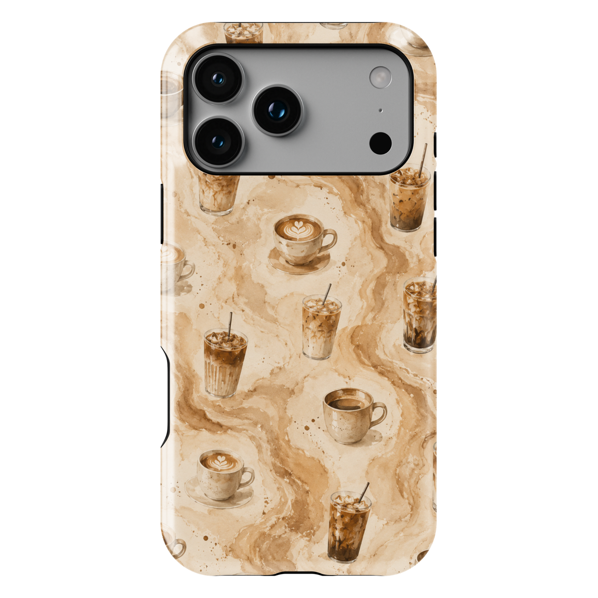 coffee iPhone 17 Pro Max case featuring custom iced coffee cup, coffee beans, marble swirls, and cozy cafe aesthetic artwork.
