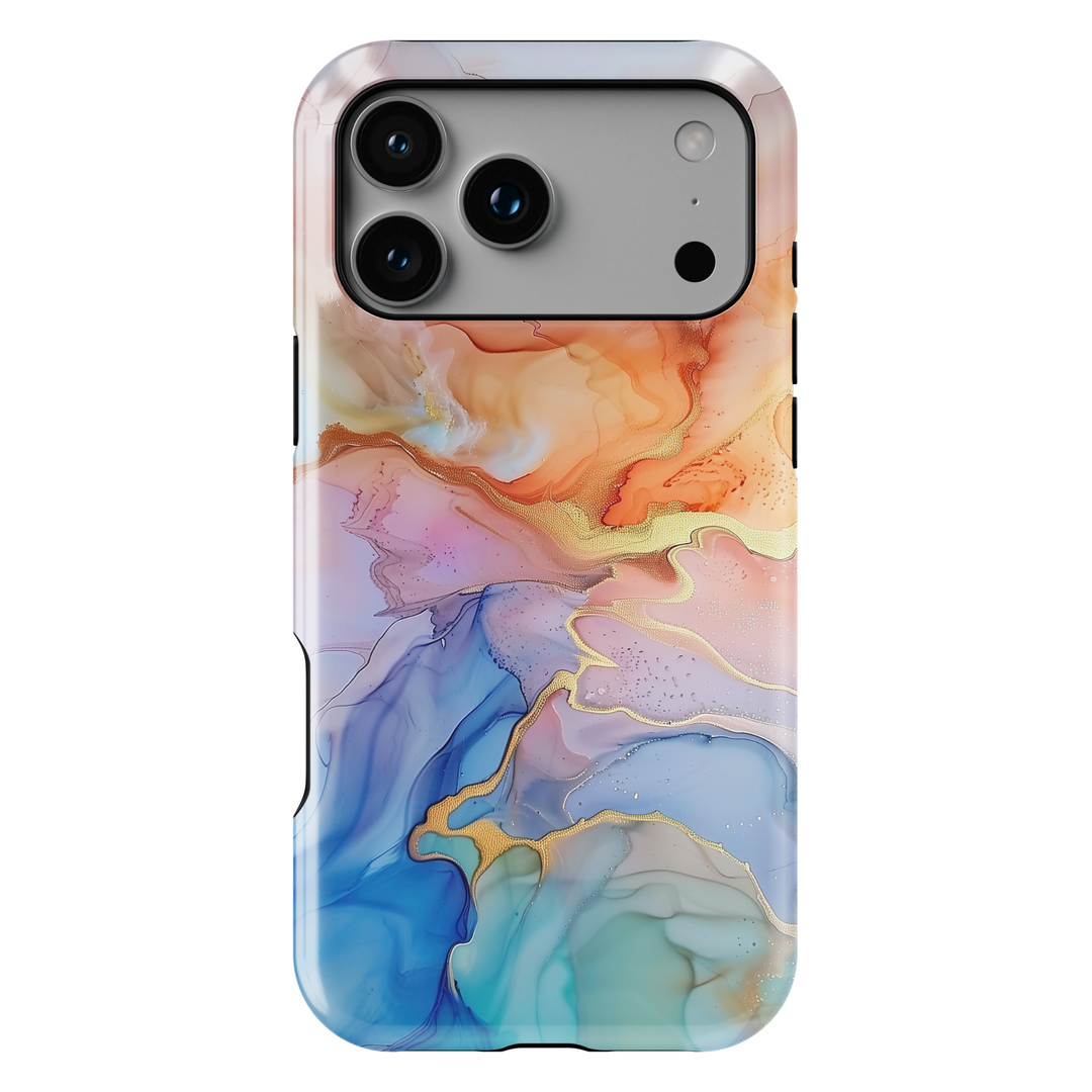 Pastel marble phone case with blue peach and gold flowing abstract design