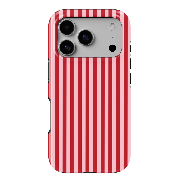 Candy Striper red and pink striped iPhone 18 Pro Max MagSafe case featuring alternating cherry red and soft blush pink vertical stripes, a cute preppy protective tough iPhone 18 Pro phone case with a feminine retro striped design and MagSafe compatibility.