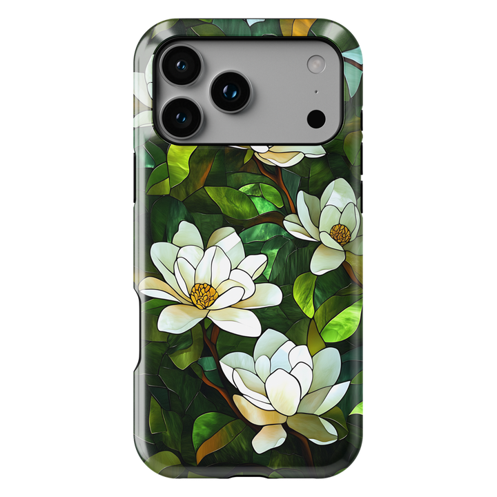 Stained glass magnolia floral iPhone tough case with white flowers and layered green leaves