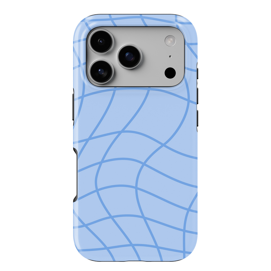 Out of Line abstract blue iPhone 18 Pro Max MagSafe case featuring curved cornflower blue line art over a soft powder blue background, a minimalist modern protective tough iPhone 18 Pro phone case with an aesthetic geometric line pattern and MagSafe compatibility.
