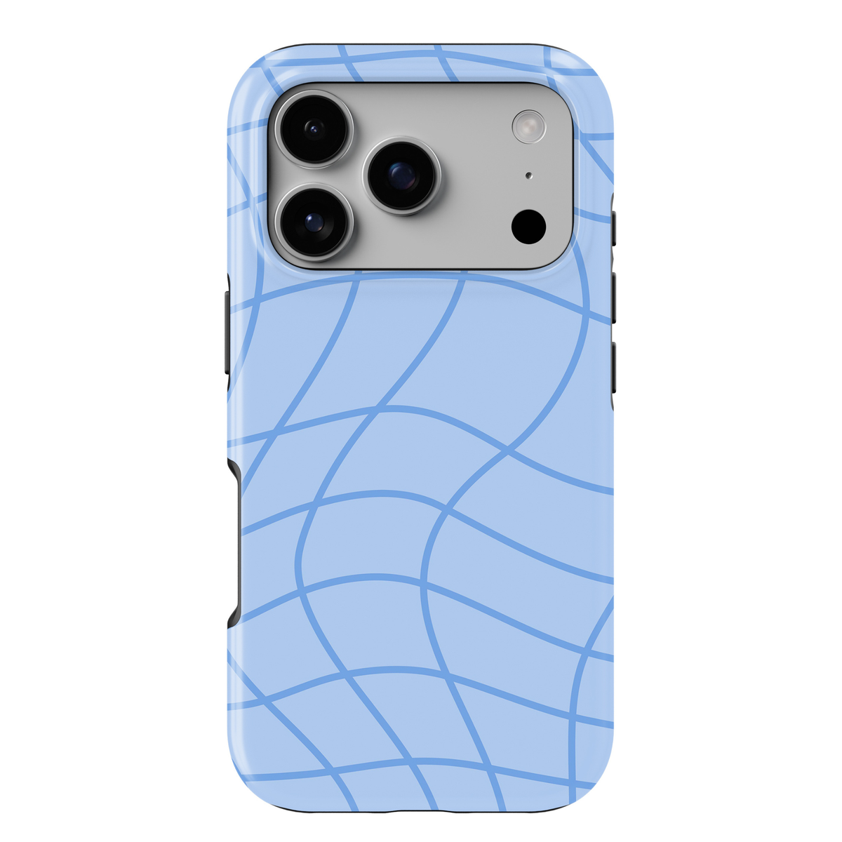 Out of Line abstract blue iPhone 18 Pro Max MagSafe case featuring curved cornflower blue line art over a soft powder blue background, a minimalist modern protective tough iPhone 18 Pro phone case with an aesthetic geometric line pattern and MagSafe compatibility.