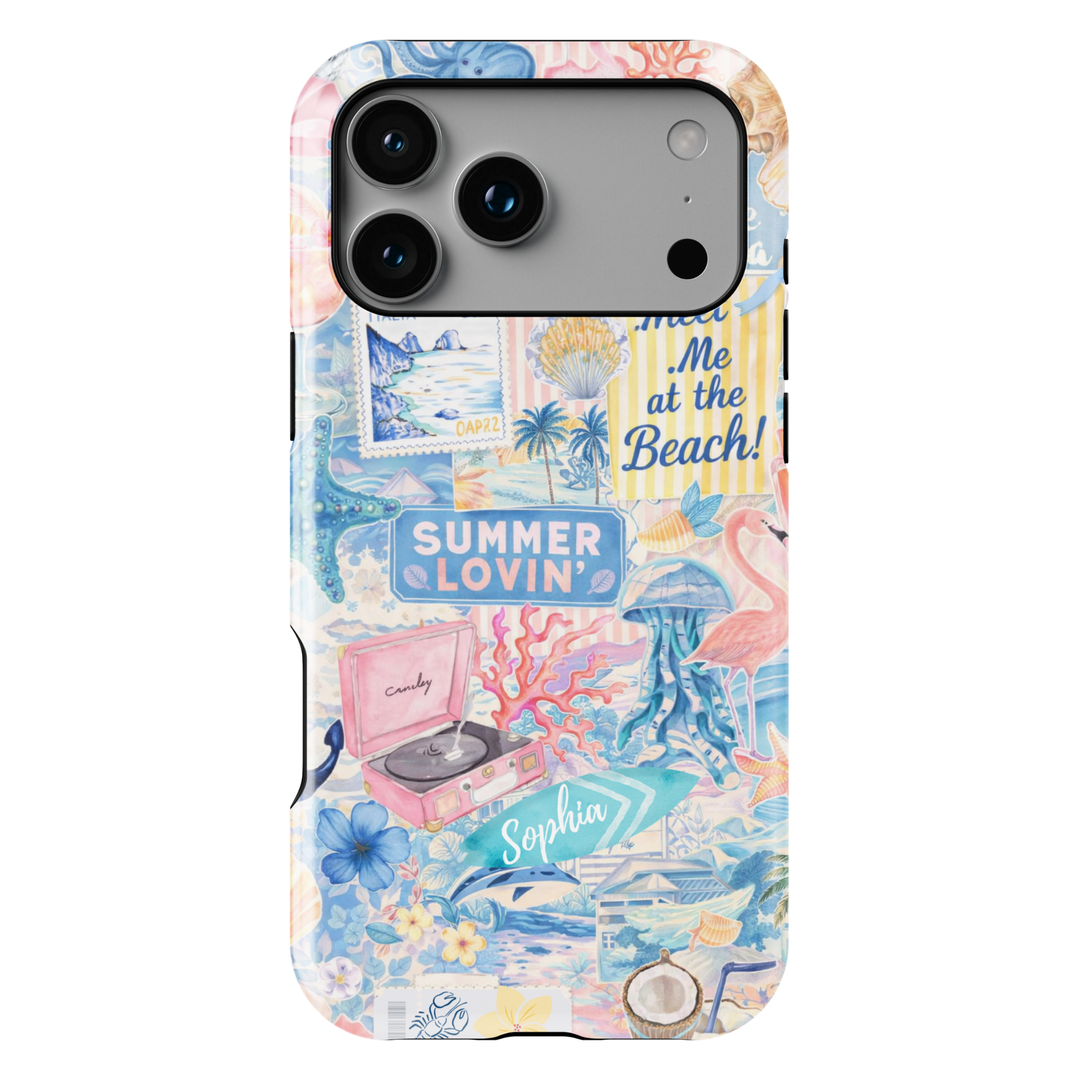 Summer beach collage phone case aesthetic with ocean, seashells, and coastal elements for iPhone 17 Pro Max and Samsung Galaxy S26 Ultra.