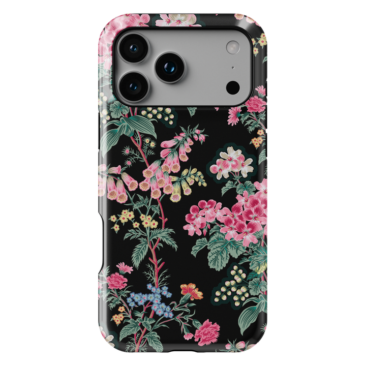 Black vintage floral botanical iPhone 17 case with pink flowers aesthetic protective tough case for iPhone 17 Pro Max, iPhone 17 Pro, iPhone 16 Pro Max, iPhone 16 Plus stylish botanical garden phone cover