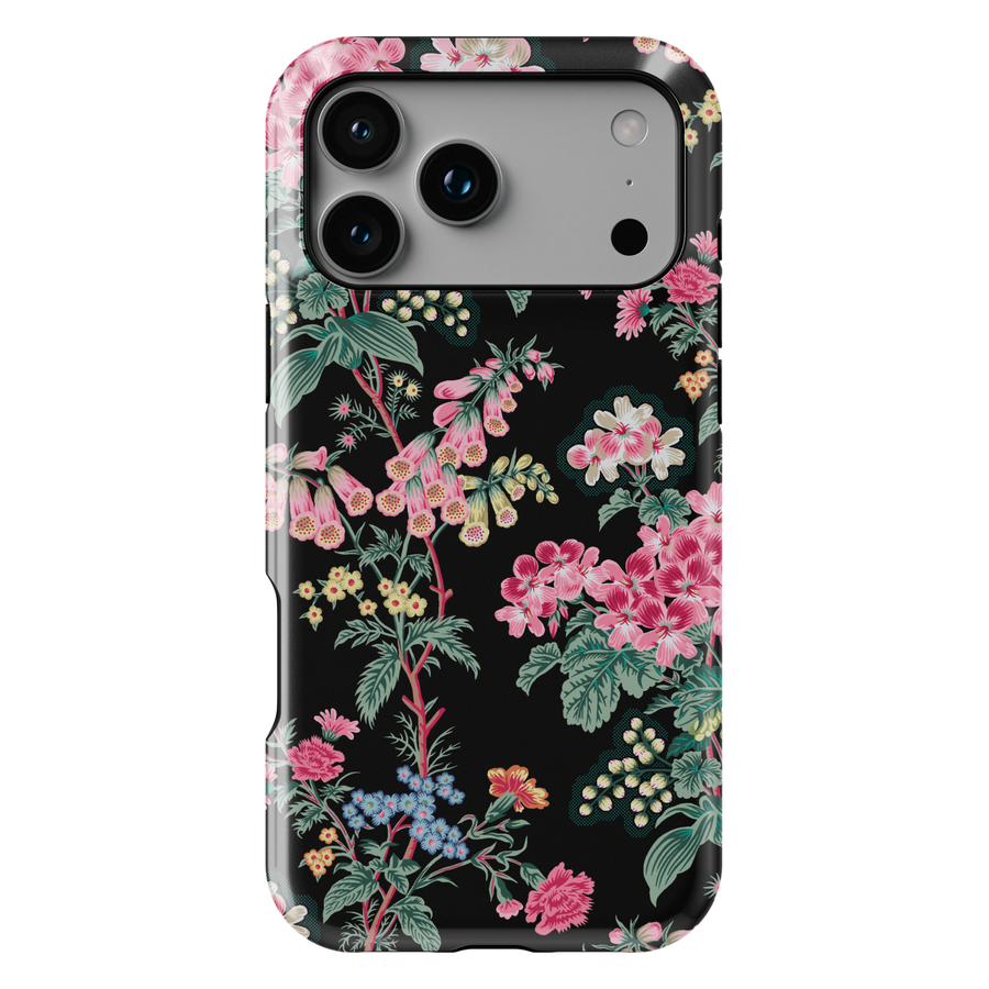 Black vintage floral botanical iPhone 17 case with pink flowers aesthetic protective tough case for iPhone 17 Pro Max, iPhone 17 Pro, iPhone 16 Pro Max, iPhone 16 Plus stylish botanical garden phone cover