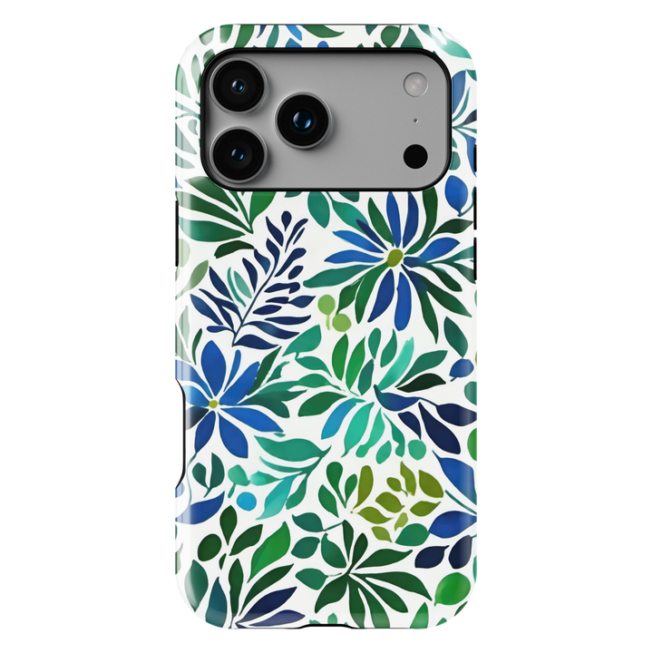 Blue and green botanical iPhone case featuring floral blooms and leafy watercolor-inspired artwork on a white background.